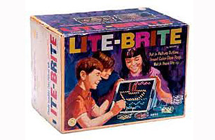 Front view of a vintage-looking Lite Brite box.
