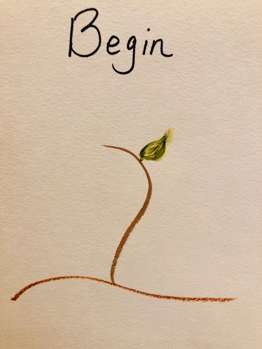 Simple illustration of a sprout with one leaf and the word "Begin" above it.