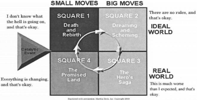 Square chart comparing small moves and big moves with the ideal world and the real world.