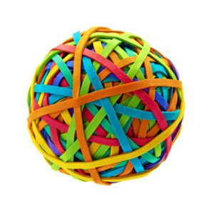 A rubberband ball made up of red, yellow, orange, blue, green and purple rubberbands.