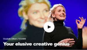 Elizabeth Gilbert doing a TED Talk with text over the image that reads "Your Elusive Creative Genius".