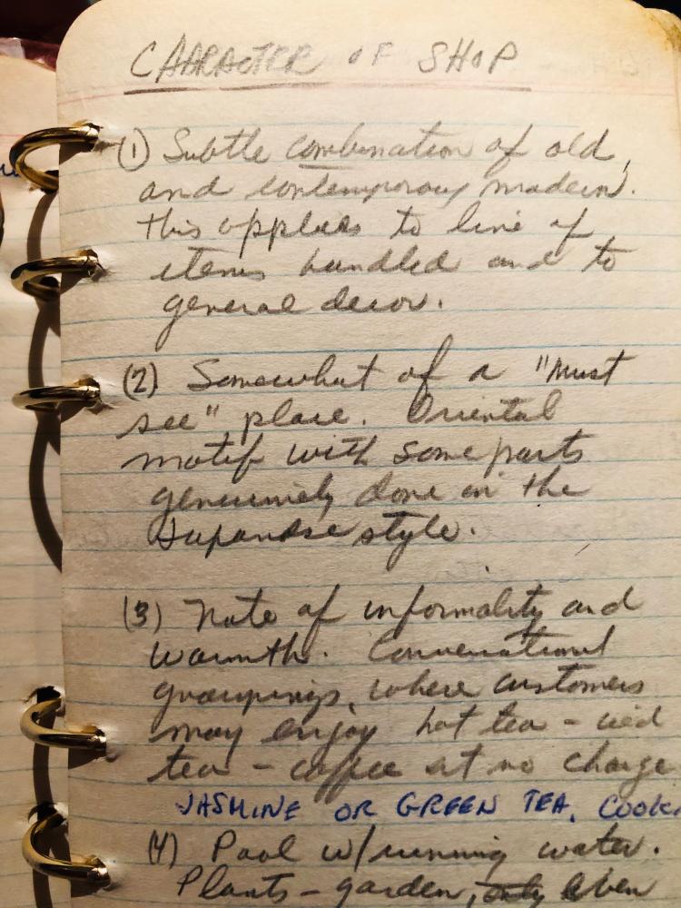 Hand-written journal entry titled "Character of shop".