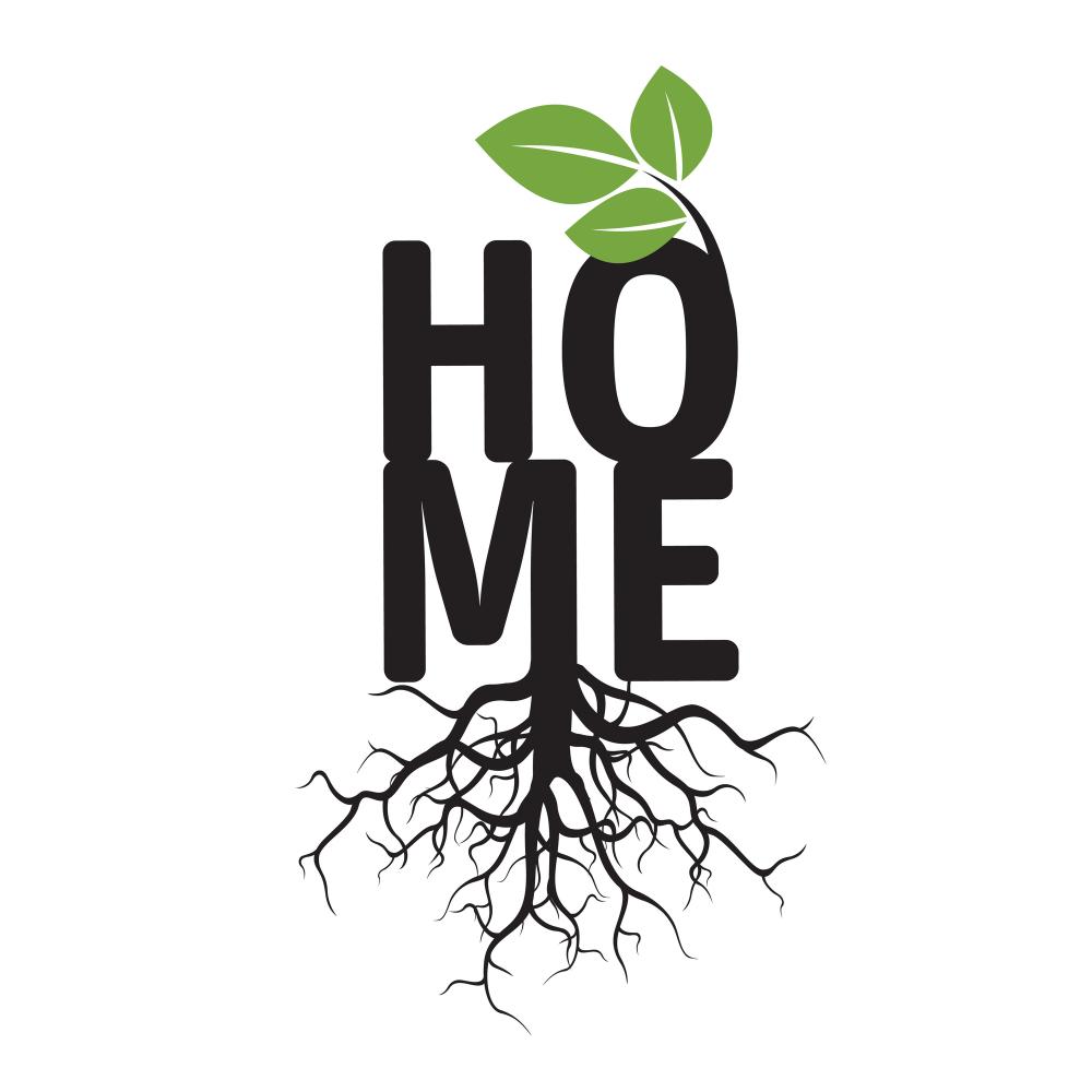 The word "home" with a branch and roots growing from it.