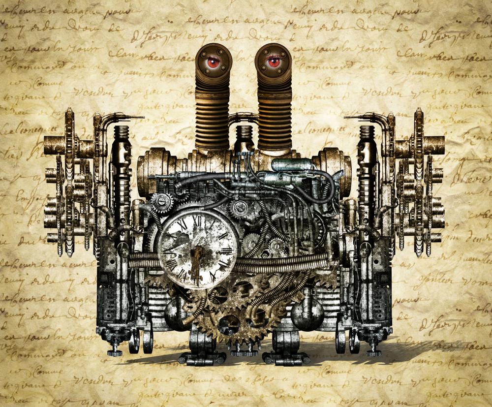 An illustration of a steampunk-inspired contraption on a background of hand-written notes.