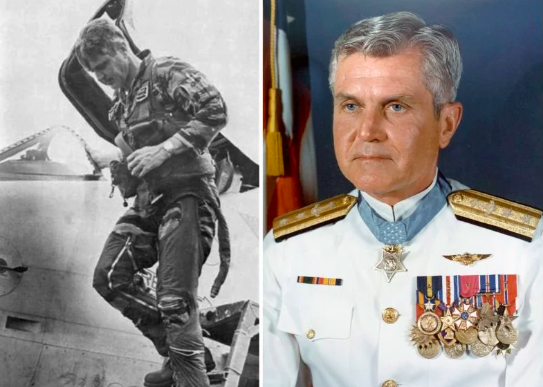 An image of Admiral James Stockdale getting out of a plane next to a professional headshot of Admiral James Stockdale.