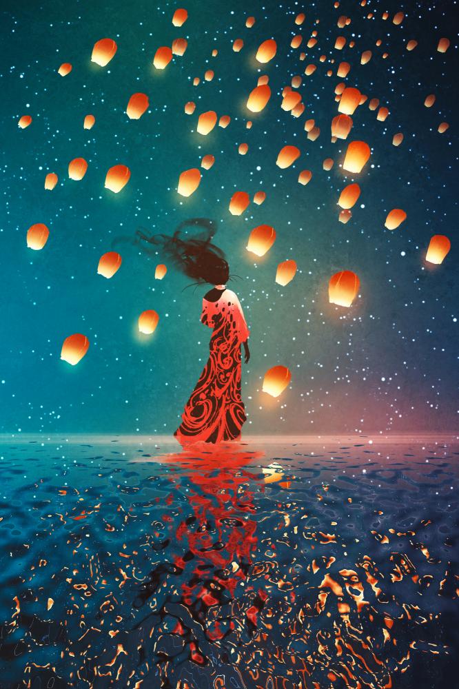 Illustration of a woman standing in the middle of a body of water with illuminated, floating lanterns surrounding her.