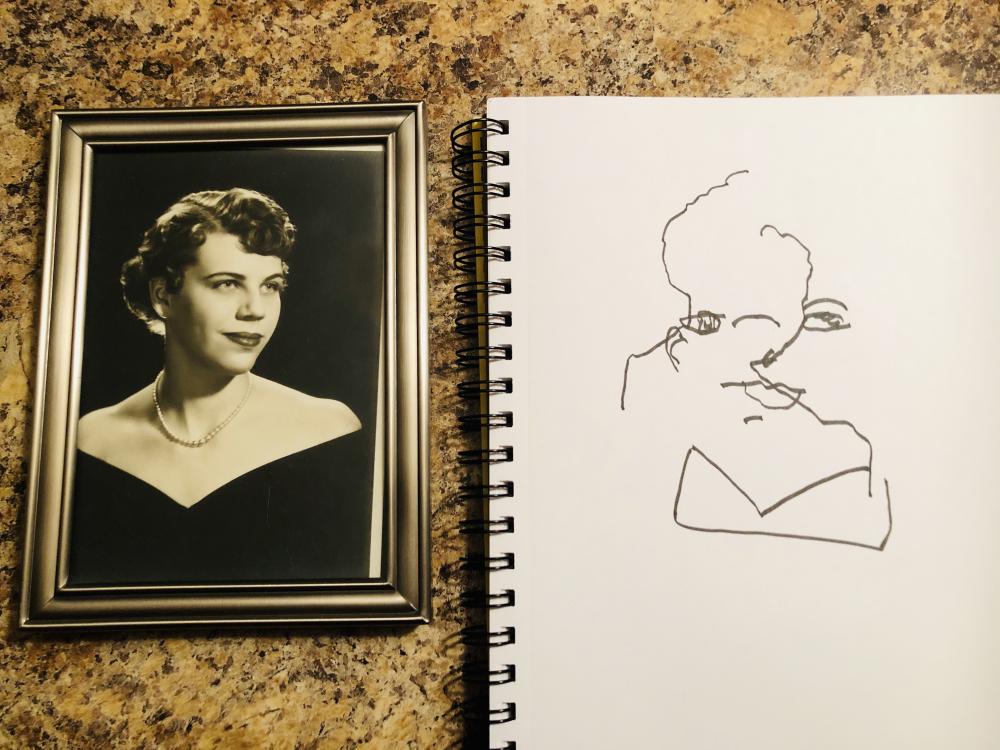 How to develop your intuition and find clarity using blind contour drawing. Image is a drawing of the author’s mom.