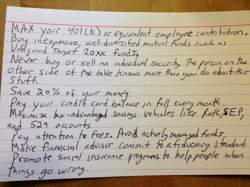 Harold Pollack’s index card of finance tips.