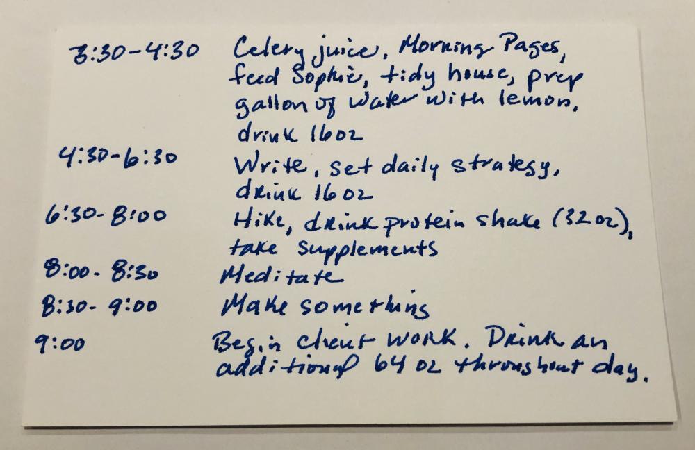 Susie deVille’s daily habits index card.