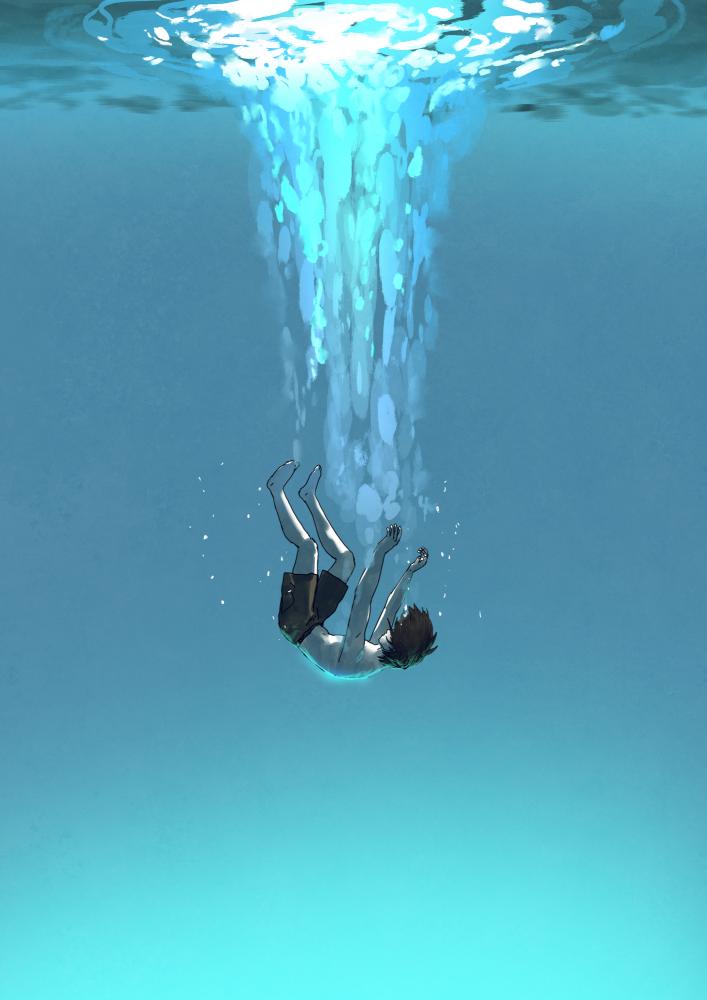An illustration of a boy wearing shorts falling to the ocean floor.