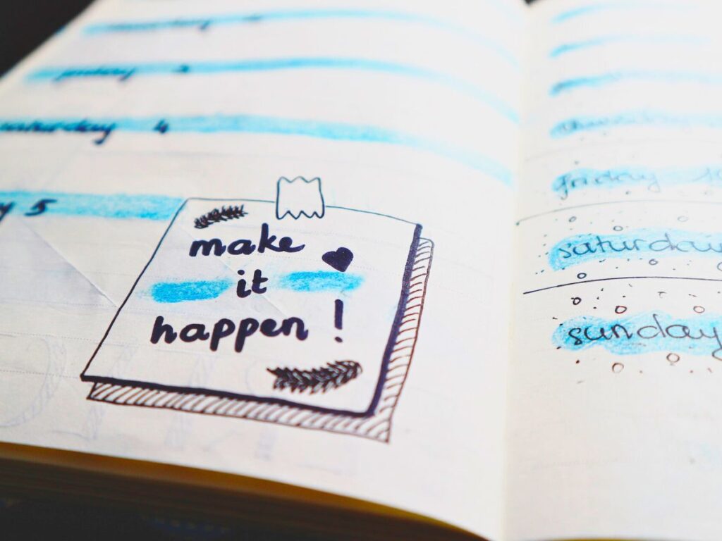 Goals, Planning Session, Notebook, sticky note, make it happen