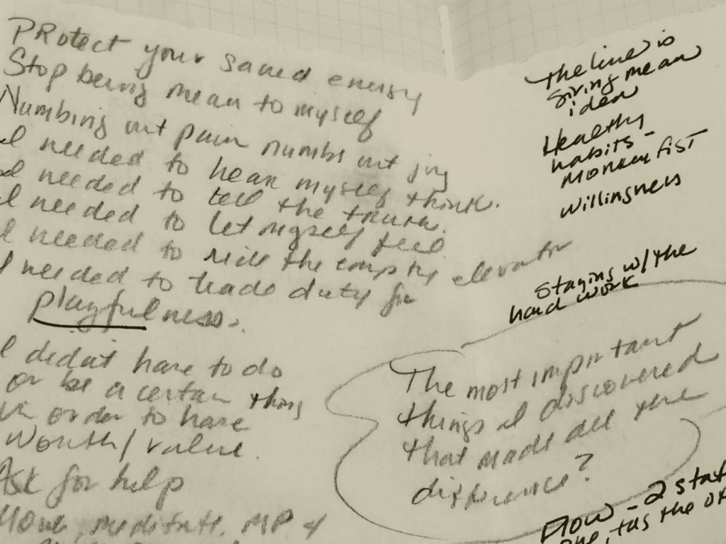 Photo of handwritten words on a page—the mind map outline for BUOYANT—with a line about protecting your energy at the top
