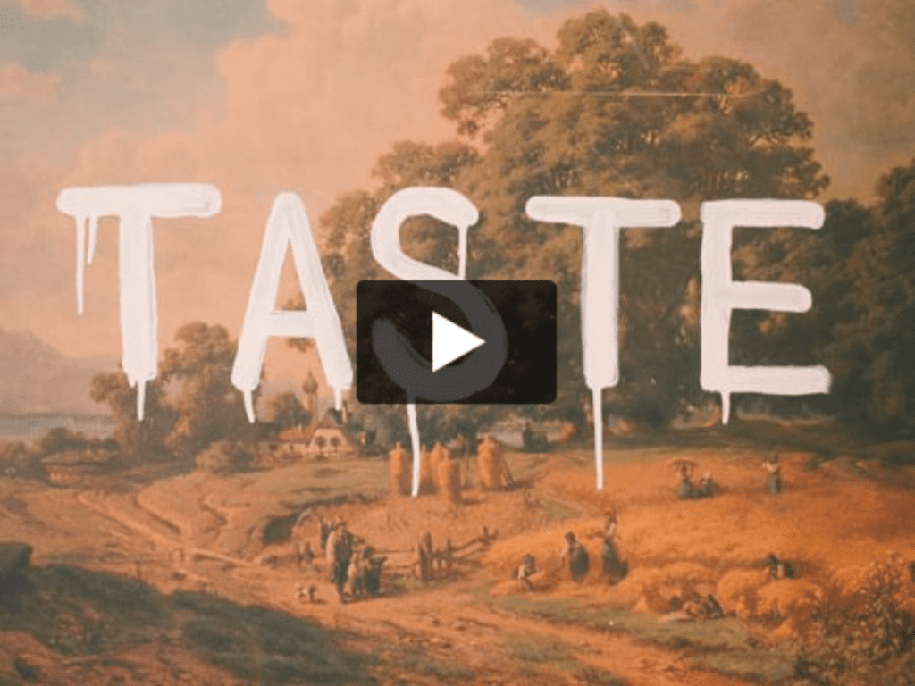 The word "TASTE" in large white, dripping paint letters over an image of a landscape—preview screen for a video by Ira Glass about experimental learning and the creative process.