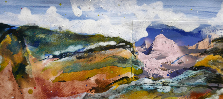 Watercolor mountain scene in an array of earth tones with a mountain peak snapshot in the top corner, to represent overcoming self-sabotage