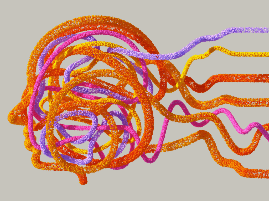 Abstract illustration of mental clarity: A vibrant, multicolored human head in profile. Squiggly lines within the head represent complex thoughts, while straight, radiating lines emanating from behind the head symbolize focused, clear thinking.