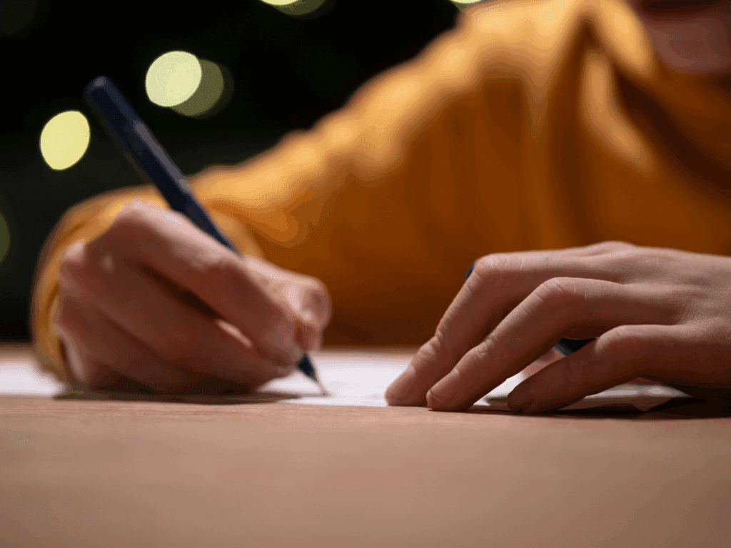 take action; image of a person's hand writing on a piece of paper with black pen to represent taking one small action at a time to tackle your DOOM pile