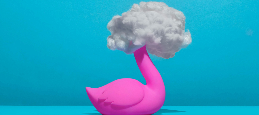 Creative thinking comes from mental clarity; an artistic portrayal of a pink plastic bird with cotton covering its head, like a cloud, represents the mental fog that needs to clear before creative thinking can happen.