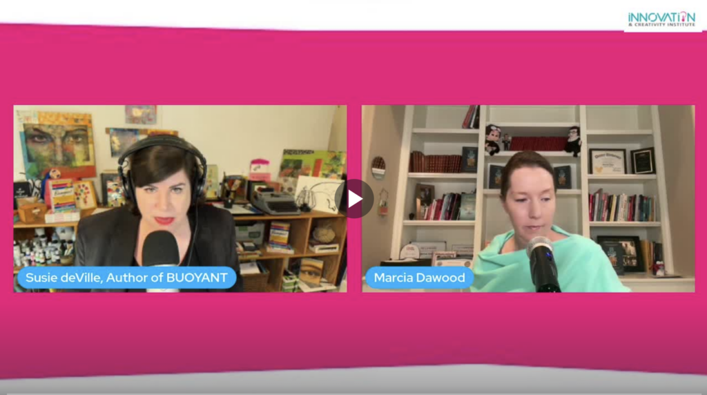 Susie deVille and Marcia Dawood shown in side-by-side livestream video frames with bookshelves in their backgrounds