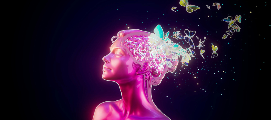a digitally, artfully rendered image of a pink woman with energetic lines and butterflies flowing from her head to symbolize uncovering your limitless, untapped potential