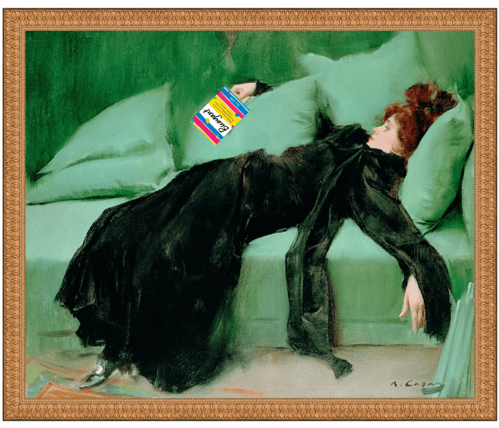 Painting with modification:  Después del Baile ("After the Ball") by Ramon Casas. Woman splayed over a couch in exhaustion, holds Buoyant in her hand, as she realizes her hustle and perfectionism are acts of self-abandonment that have trapped her in this state of exhaustion. 