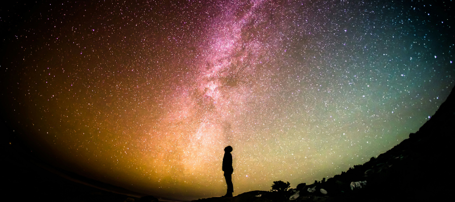 A photo of a person's silhouette looking up at the vast night sky full of stars illustrates the vivid beauty of the human experience.