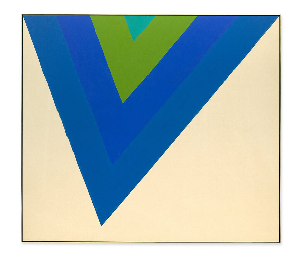 Trans Shift by Kenneth Noland. Acrylic on canvas. Solomon R. Guggenheim Museum, New York. Purchased with funds contributed by Elaine and Werner Dannheisser and The Dannheisser Foundation, 1981. A deep V made of blue and green lines contrasts with a beige background to create context, and to represent how context can help you get whatever you want