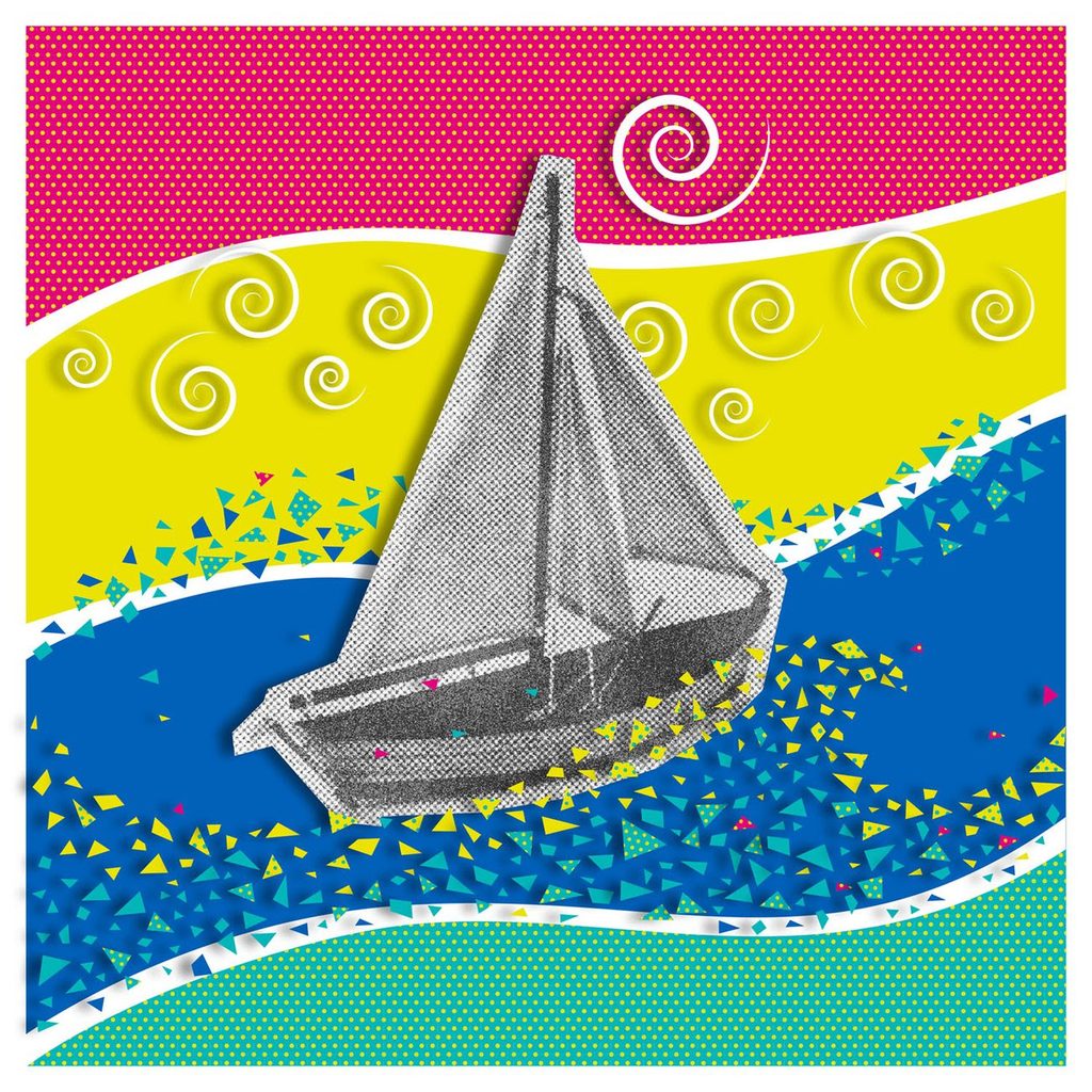 Buoyant collage is a commissioned piece by the artist Choi Messer. Black and white photo of a small sailboat appears to float atop a collage of abstract and pop art style red, yellow, blue, and green waves, adorned with swirls and triangles. 